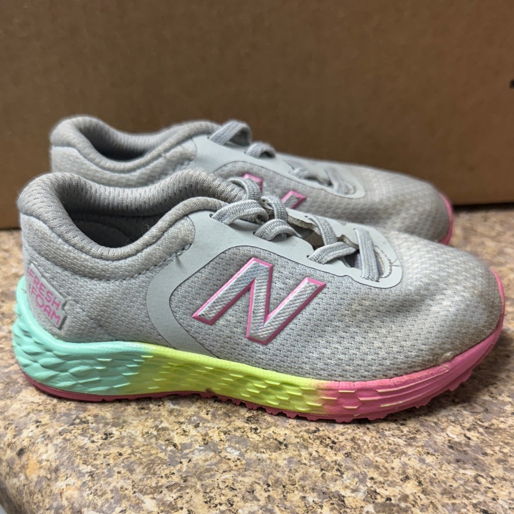 New Balance Kids' Gray Sneakers with Pink and Green Accents
